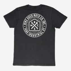 A washed black roundel t-shirt with a white graphic Bike Shed Moto Co. logo on the front. - back
