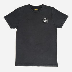 A washed black roundel t-shirt with a white graphic Bike Shed Moto Co. logo on the front. - front