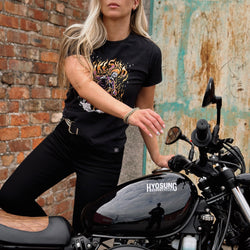 Brogan wearing our Motorcycle Resistant Women's Skinny Jean - Black