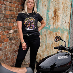 Brogan wearing our BSMC Women's Speed Demon Graphic T-Shirt - Washed Black
