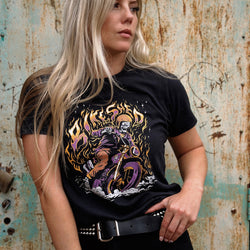 Brogan wearing our BSMC Women's Speed Demon Graphic T-Shirt - Washed Black