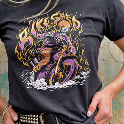 Brogan wearing our BSMC Women's Speed Demon Graphic T-Shirt - Washed Black
