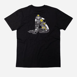 Black T-shirt with a graphic design of a person on a motorcycle back