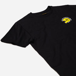 Black T-shirt with a graphic design of a  motorcycle helmet front detail