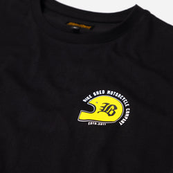 Black T-shirt with a graphic design of a  motorcycle helmet front detail