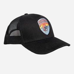A black snapback baseball hat with a colorful patch on the front featuring a cartoonish motorcycle skull and bike shed logo - front