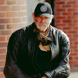 Member wearing our Bike Shed Moto Co. Roundel Patch Baseball Hat - Black