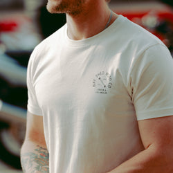 Steve wearing our BSMC Motorcycle Graphic T Shirt  - White