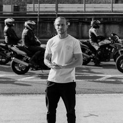 Steve wearing our BSMC Motorcycle Graphic T Shirt - White