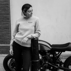 Kat wearing our Bike Shed Motorcycle Logo Sweatshirt - Grey Marl