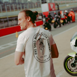 Steve wearing our BSMC Motorcycle Graphic T Shirt - White