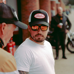 WIll wearing our Bike Shed Logo Patch Baseball Hat  - Black/White