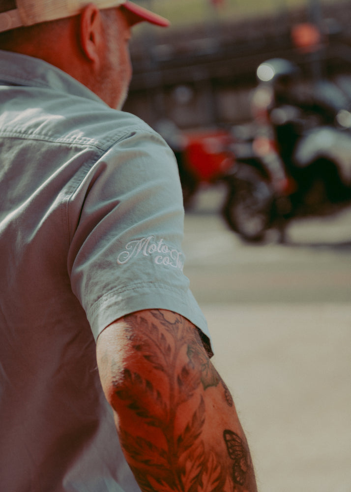 Sleeve detail of our BSMC Garage Patch Shirt - Blue