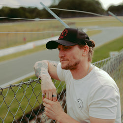 Steve wearing our Bike Shed Moto Co Lightning Logo Baseball Hat - Black