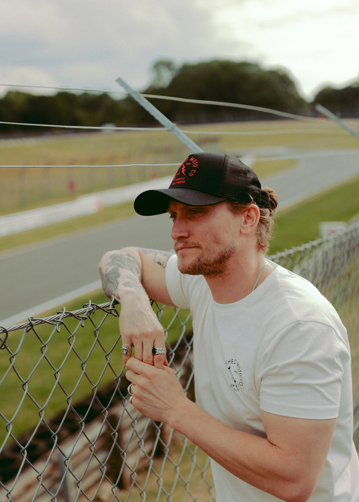 Steve wearing our Bike Shed Moto Co Lightning Logo Baseball Hat - Black