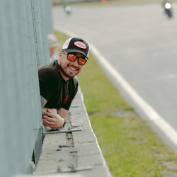 Will smiling wearing our Bike Shed Logo Patch Baseball Hat  - Black/White
