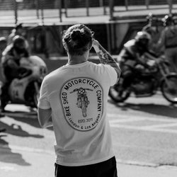 Steve wearing our BSMC Motorcycle Graphic T Shirt  - White