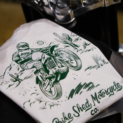 Bike Shed Desert Race T-Shirt Green Motorcycle Print Graphic on a White Cotton T-Shirt.