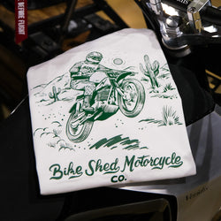 Bike Shed Desert Race T-Shirt Green Motorcycle Print Graphic on a White Cotton T-Shirt.