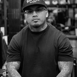 black Los Angeles Bike Shed Moto Co. snapback baseball hat detail