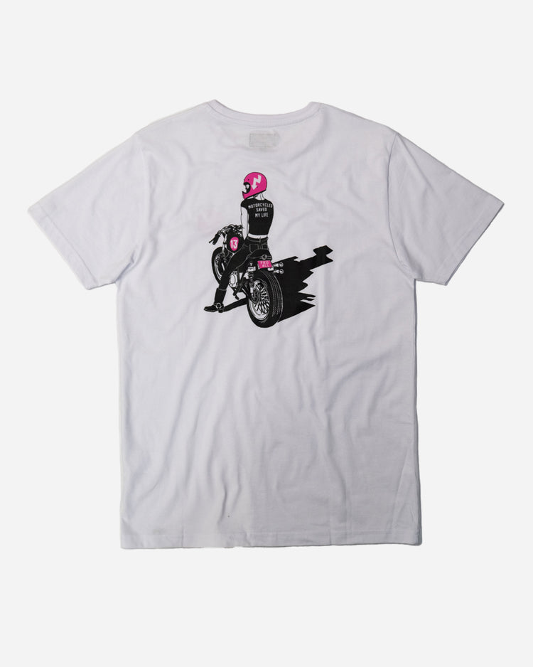 motorcycle white graphic t-shirt back