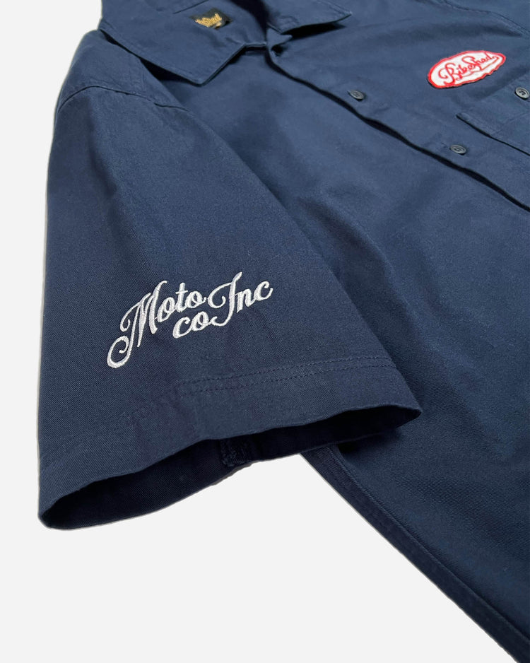 BSMC Garage Patch Shirt - Navy, sleeve logo close up