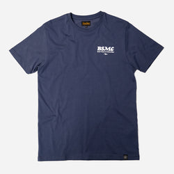 A navy-colored T-shirt with 'BIKE SHED MOTORCYCLE CO.' printed on the front