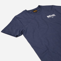 A navy-colored T-shirt with 'BIKE SHED MOTORCYCLE CO.' printed on the front.