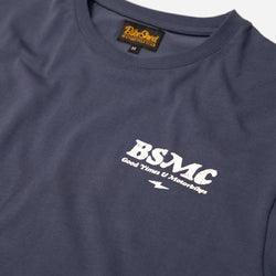 A navy-colored T-shirt with 'BIKE SHED MOTORCYCLE CO.' printed on the front.