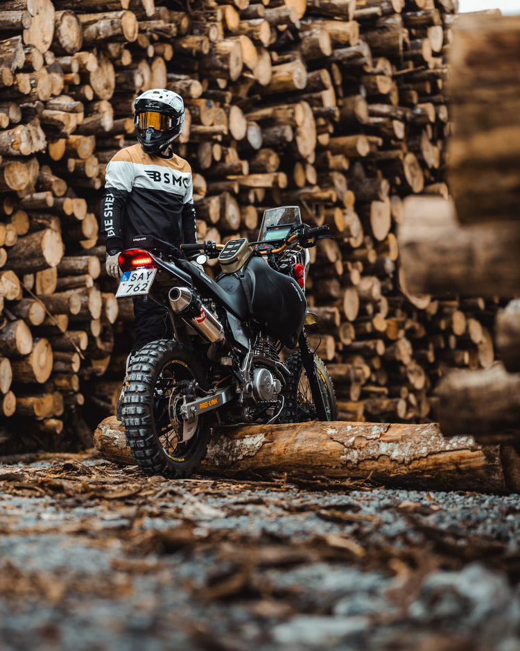 Gorm Moto wearing our Motorcycle Wing Race Jersey - Gold