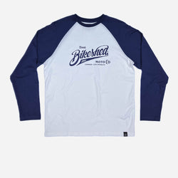 The Bike Shed Moto Co Inc. Baseball Jersey LS - Navy/White, front