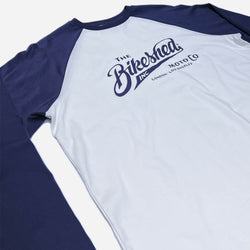The Bike Shed Moto Co Inc. Baseball Jersey LS - Navy/White, side on close up