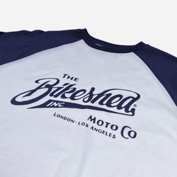 The Bike Shed Moto Co Inc. Baseball Jersey LS - Navy/White, logo close up