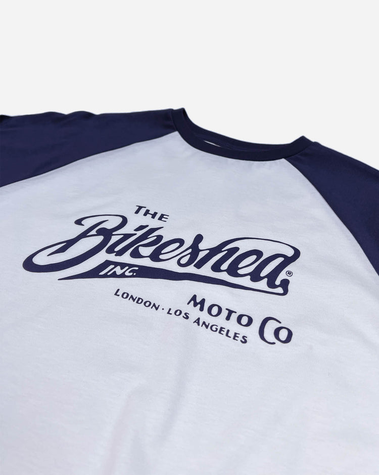 The Bike Shed Moto Co Inc. Baseball Jersey LS - Navy/White, logo close up