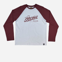 The Bike Shed Moto Co Inc. Baseball Jersey LS - Burgundy/White, front