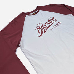 The Bike Shed Moto Co Inc. Baseball Jersey LS  - Burgundy/White, side on close up