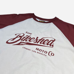The Bike Shed Moto Co Inc. Baseball Jersey LS - Burgundy/White, logo close up