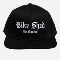 black Los Angeles Bike Shed Moto Co. snapback baseball hat front detail