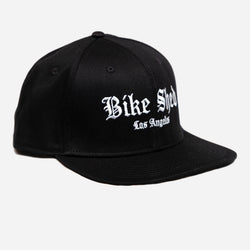 black Los Angeles Bike Shed Moto Co. snapback baseball hat front