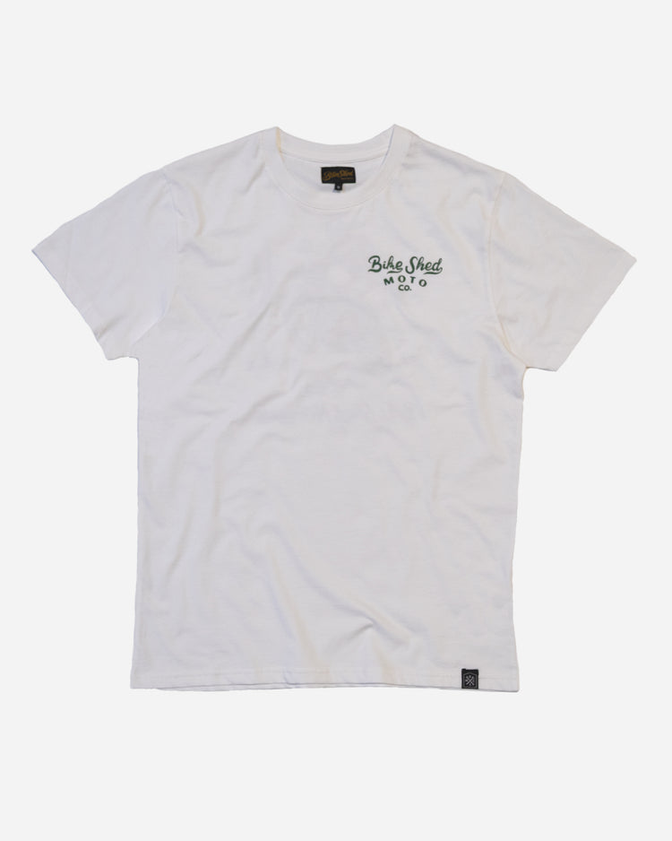 White t-shirt with dark green Bike Shed Moto Co logo text on a white background