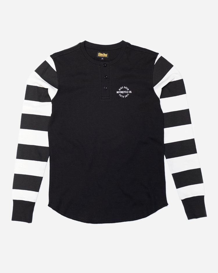 Rocker Long Sleeve Waffle Motorcycle Shirt- Black/Cream, front