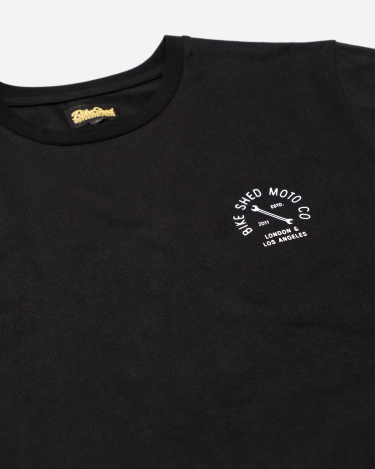 Bike Shed Motorcycle Company Graphic T-Shirt  - Black, chest logo close up