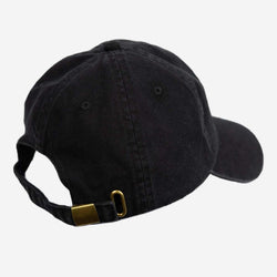 A black, unstructured baseball cap with an embroidered Bike Shed Moto Co. logo