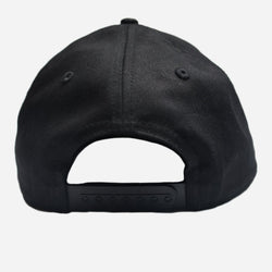A black snapback baseball hat back