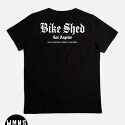 women's Black t-shirt with 'Bike Shed Los Angeles' text on a white background