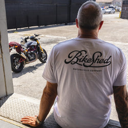 Dan wearing our Motorcycle Garage T Shirt - White & Black