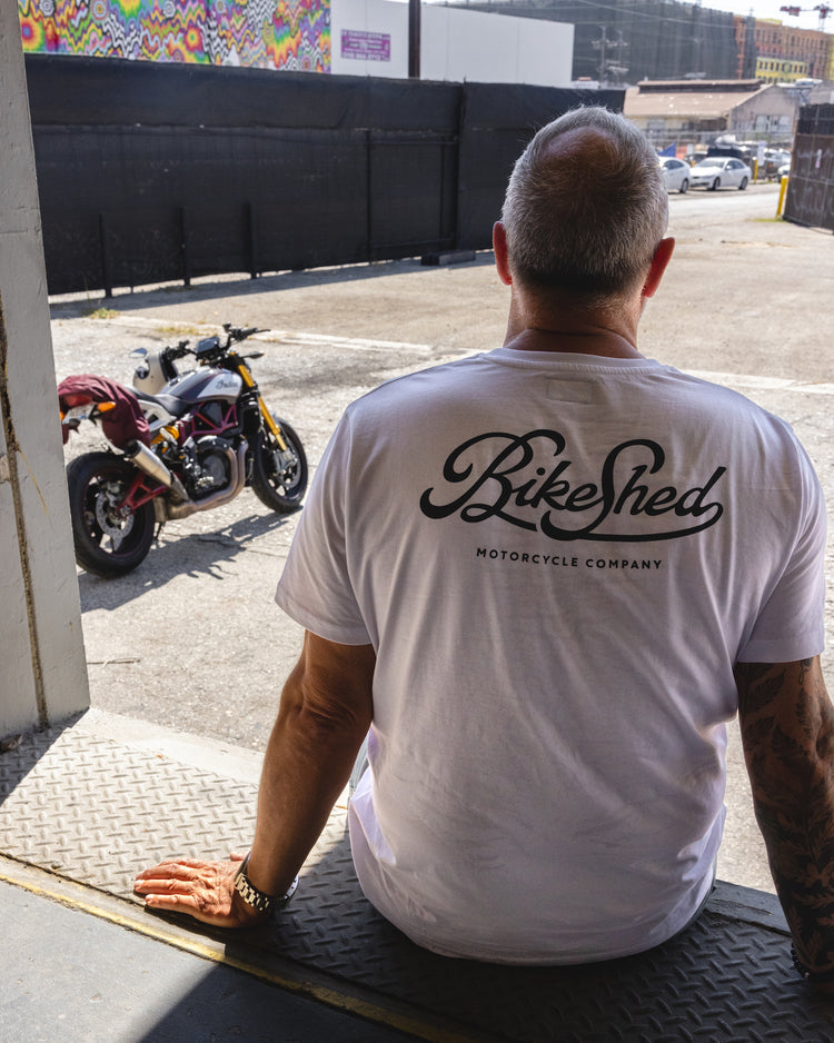Dan wearing our Motorcycle Garage T Shirt - White & Black