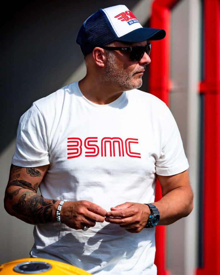 Dan wearing our BMSC '77 T Shirt - White & MX cap