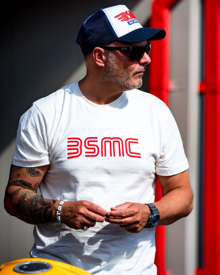 Dan wearing our BSMC '77 Motorcycle T-Shirt - White & MX cap