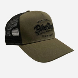 Bike Shed Motorcycle Embroidered Logo Baseball Hat - Khaki Green, side